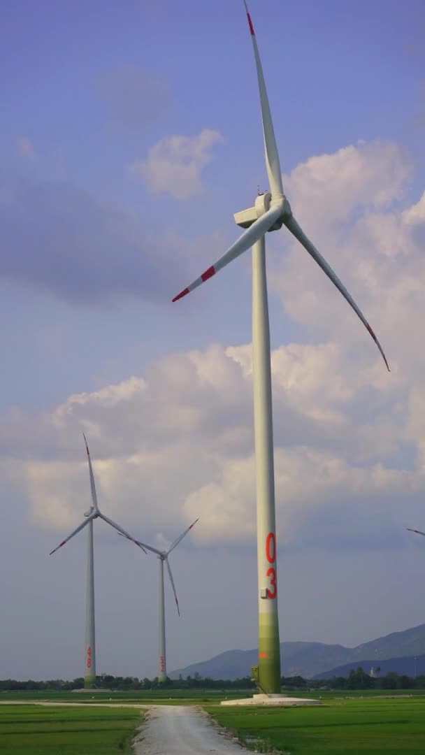 Tembakan genggam. Sebuah hijau besar diajukan dengan banyak pembangkit listrik tenaga angin. Investasi energi hijau. Konsep listrik hijau — Stok Video