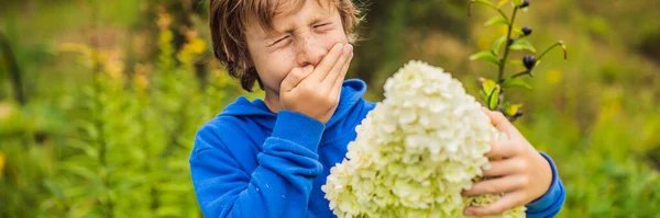 Le petit garçon se mouche sur la prairie verte près des fleurs. Concept d'allergie aux fleurs BANNER, FORMAT LONG — Photo