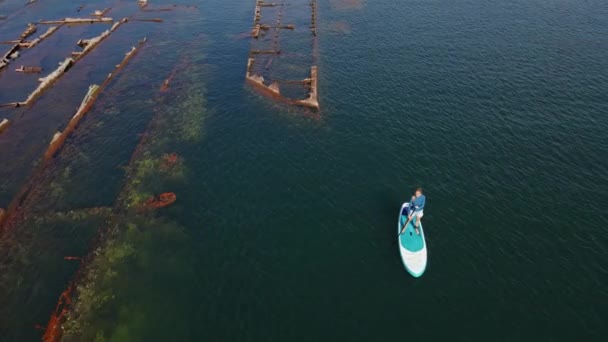 空中射撃だ。若い女性は楽しんでいる。海の中でパドリングスタンドアップ。SUP!。沈没した金属船の破片の間を漕ぐ — ストック動画