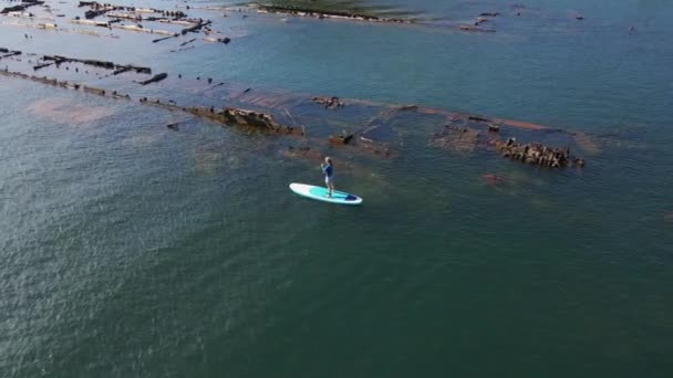 空中射撃だ。若い女性は楽しんでいる。海の中でパドリングスタンドアップ。SUP!。沈没した金属船の破片の間を漕ぐ — ストック動画