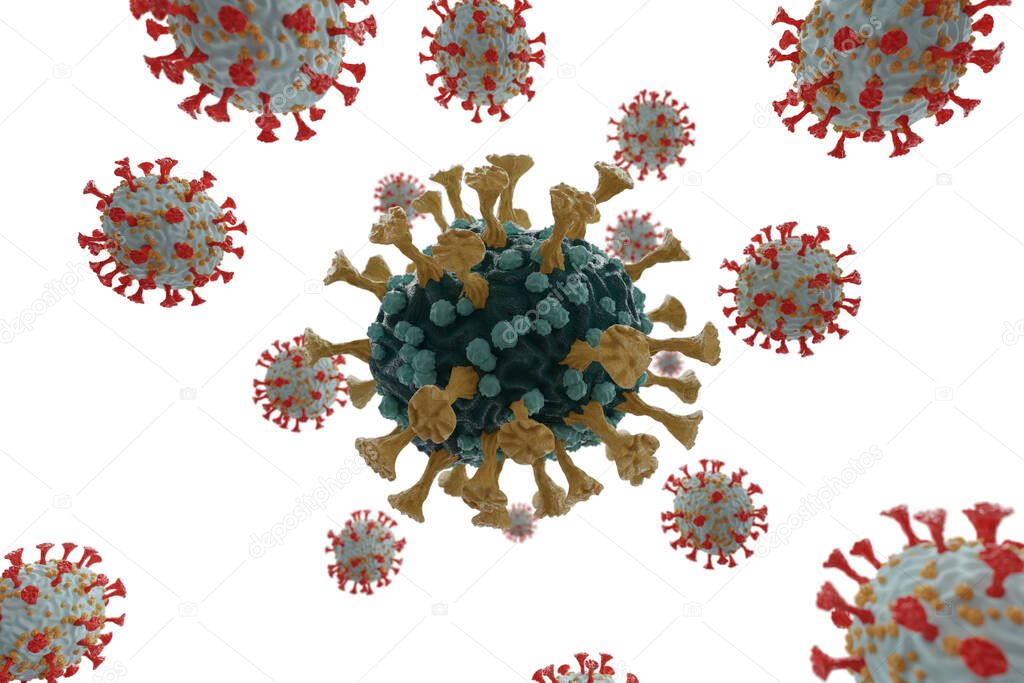 3D render of a new strain of coronavirus. Omicron variant of COVID. New strain of coronavirus B.1.1.529 found in Africa and around the world