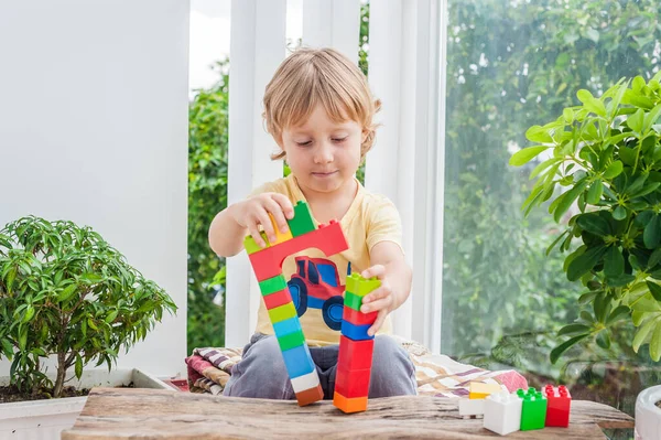 Milý chlapeček kid s hraním se spoustou barevných plastových bloků vnitřní. Aktivní děti se baví s budování a vytváření věže. Podpora schopností a kreativity — Stock fotografie