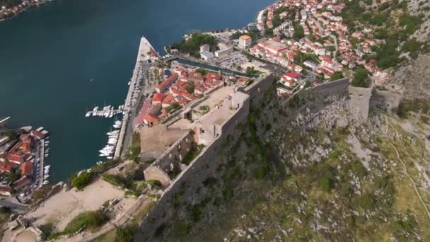 Aerial shot of the fortress St John San Giovanni over the Old Town of Kotor, the famous tourist spot in Montenegro. — Video Stock