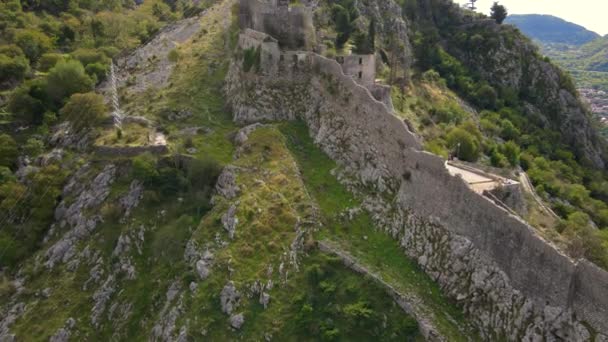 Foto aérea de la fortaleza San Juan San Giovanni sobre el casco antiguo de Kotor, el famoso lugar turístico de Montenegro. — Vídeo de stock