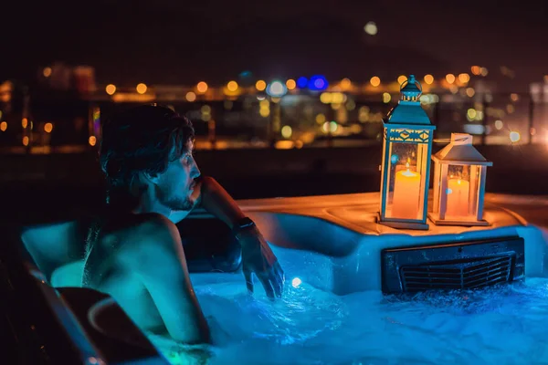 Portrait embarrassed man relaxing at hot tub to whom the woman did not come on a date. February 14 concept. St. Valentines Day — Stockfoto