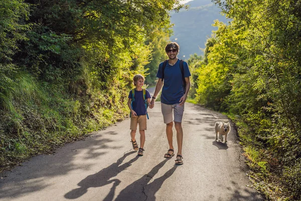 Father and his son walking with a dog in a national park — Stock Photo, Image
