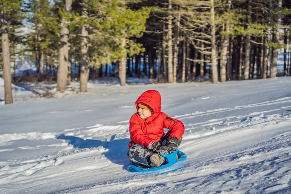 Niño feliz y positivo disfrutando de trineo y clima frío al aire libre, concepto de actividad divertida de invierno —  Fotos de Stock