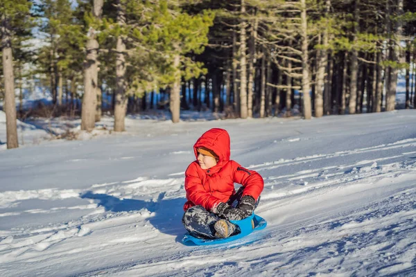 Menino pequeno feliz e positivo apreciando trenó e frio tempo ao ar livre, conceito de atividade divertida de inverno — Fotografia de Stock