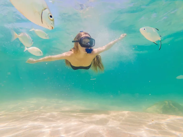Щаслива жінка в снорклінговій масці пірнає під водою з тропічними рибами в басейні коралових рифів. Подорожі спосіб життя, водні види спорту пригоди на свіжому повітрі, уроки плавання на літньому пляжі відпочинку — стокове фото