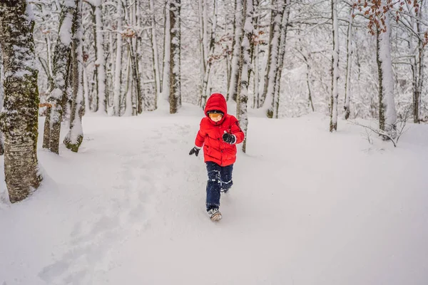 Забавный маленький мальчик в синей зимней одежде ходит во время снегопада. Зимние развлечения на открытом воздухе для детей. Милый ребенок в тёплой шляпе на глазах ловит снежинки языком. — стоковое фото