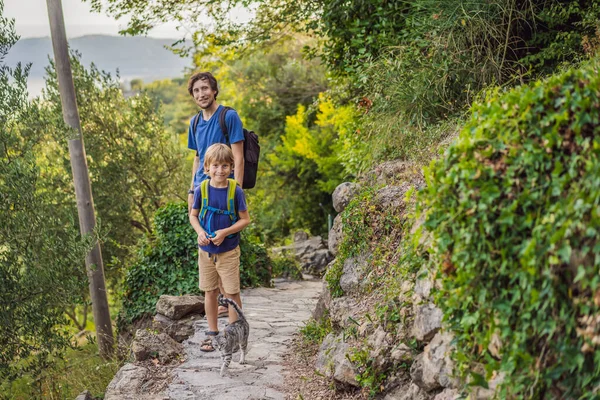 Pai e seu filho andando com um gato em um parque nacional — Fotografia de Stock