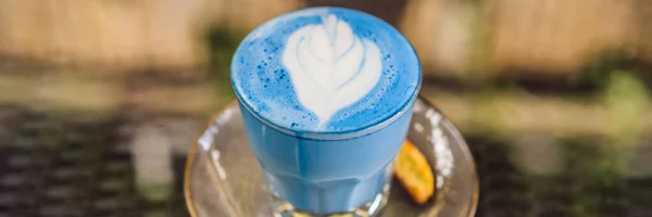 Moda içeceği, mavi latte. Sıcak kelebek bezelyeli latte ya da gri desenli arka planda mavi spirulina latte manzarası. Metin BANNER, Uzun Biçimlendirme için alanı kopyala — Stok fotoğraf