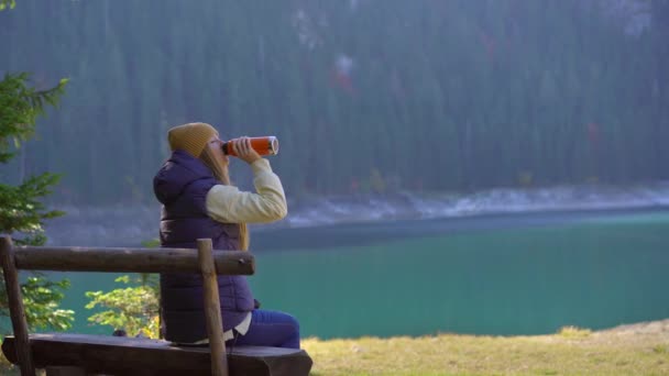 Una joven visita el Crno jezero o el lago Negro cerca de la ciudad de Zabljak. Bebe bebida caliente de un termo sentado en un banco junto al lago. Viaje al norte de Montenegro — Vídeos de Stock