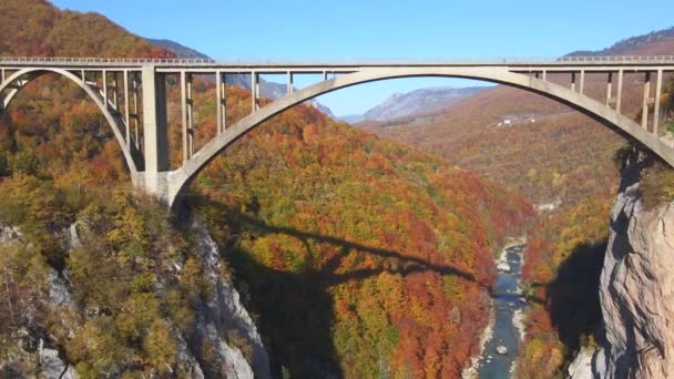 Αεροφωτογραφία της υπέροχης γέφυρας Ντιούρτζεβιτς πάνω από το φαράγγι του ποταμού Τάρα στο βόρειο τμήμα του Μαυροβουνίου. Πυροβολήθηκε την φθινοπωρινή περίοδο. Ταξίδι στην Ανατολική Ευρώπη — Αρχείο Βίντεο