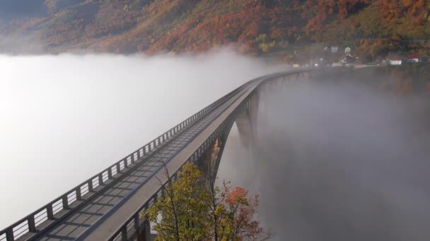 モンテネグロ北部のタラ川渓谷にかかる壮大なジュルジュジェヴィツァ橋の空中ビデオ。美しい朝の霧が橋のアーチを通って移動します。秋の撮影 — ストック動画