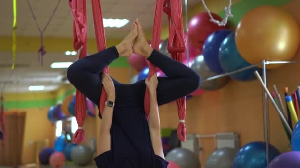 Una mujer joven practica yoga aéreo usando hamacas especiales — Vídeos de Stock