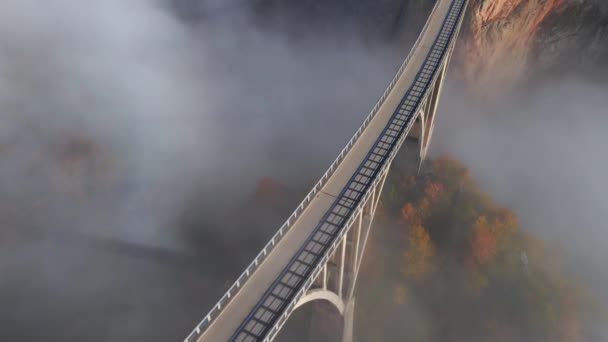 Luchtfoto van de prachtige Djurdjevica-brug over de Tara-kloof in het noorden van Montenegro. Prachtige ochtendmist beweegt zich door de bogen van de brug. Neergeschoten in het najaar — Stockvideo