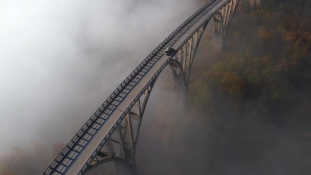 Αεροφωτογραφία της υπέροχης γέφυρας Ντιούρτζεβιτς πάνω από το φαράγγι του ποταμού Τάρα στο βόρειο τμήμα του Μαυροβουνίου. Όμορφη πρωινή ομίχλη κινείται μέσα από τις καμάρες της γέφυρας. Πυροβολήθηκε την φθινοπωρινή περίοδο — Αρχείο Βίντεο