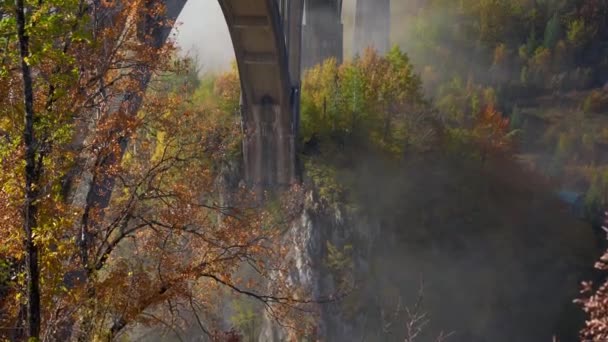 몬테네그로 북부에 있는 타라 강 협곡 위에 있는 웅장 한 드루즈 예비치 카 다리의 수동식 사진. 가을 시즌에 총상을 입었어요. 동유럽 여행 개념 — 비디오