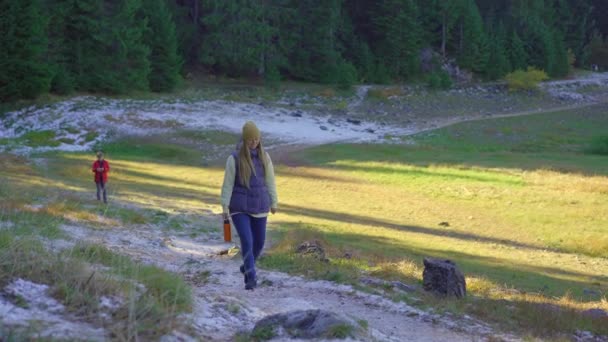 Una joven visita el Crno jezero o el lago Negro cerca de la ciudad de Zabljak. Viaje al norte de Montenegro — Vídeos de Stock