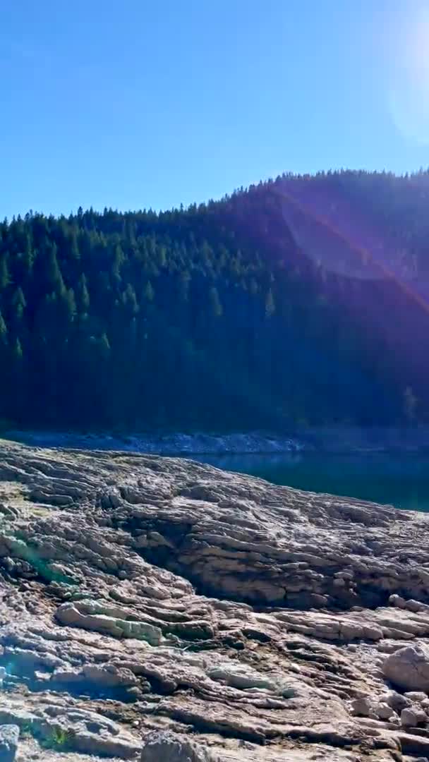 Vídeo vertical. El Crno jezero o el lago Negro cerca de la ciudad de Zabljak. Viaje al norte de Montenegro. — Vídeos de Stock