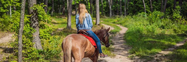 Hermosa mujer montando un caballo en el campo BANNER, FORMATO LARGO — Foto de Stock