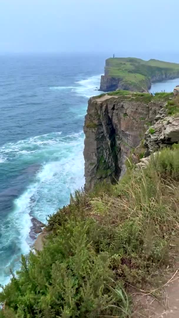 Függőleges videó. Magas sziklák, erős szélviszonyok, nagy hullámok a tengeren. — Stock videók