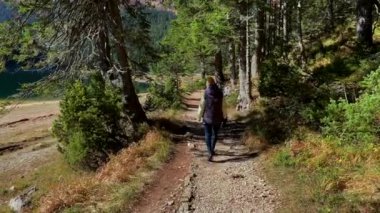 Genç bir kadın Crno Jezero 'yu ya da Zabljak yakınlarındaki Kara Göl' ü ziyaret eder. Kuzey Karadağ 'a seyahat. Yavaş çekim videosu