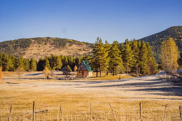 Panoramic view of idyllic mountain scenery with traditional chalets. Zabljak, Durmitor, Montenegro. Travel around Montenegro concept — Stock Photo, Image