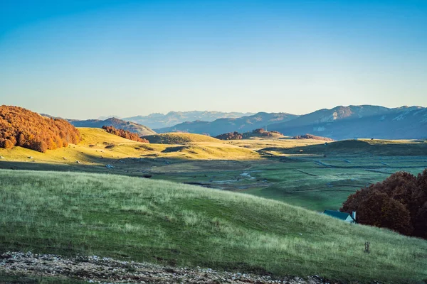 Geleneksel chaletlerle, cennet gibi dağ manzarasının panoramik görüntüsü. Zabljak, Durmitor, Karadağ. Karadağ 'da seyahat kavramı