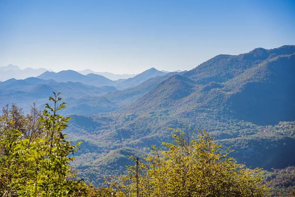 Sarı ağaçlar, yollar ve dağların güzel sonbahar manzarası, Karadağ