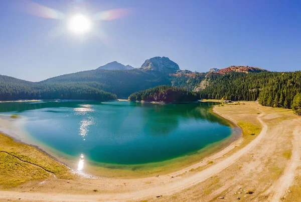 Aerial view on Black lake in National park Durmitor. Montenegro. Travel around Montenegro concept — Stock Photo, Image