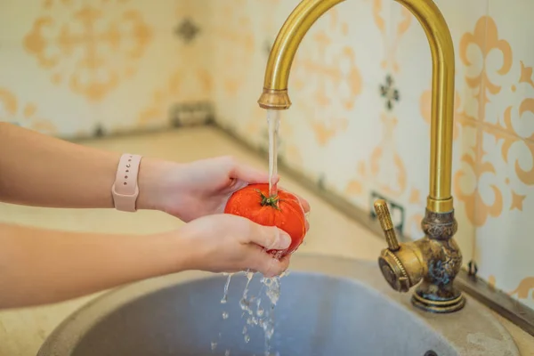 Close Woman Washing Tomato Running Water Tap — Stock Photo, Image