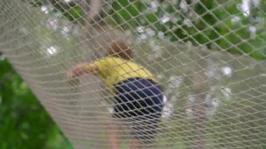 Sarı tişörtlü mutlu çocuk, okul çocuğu tırmanış parkında eğleniyor..