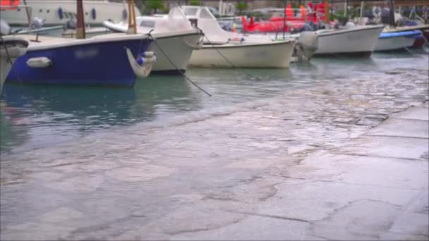 Small Boats Harbor Town Rainy Weather Water Goes Reaches Walkway — Stock Video