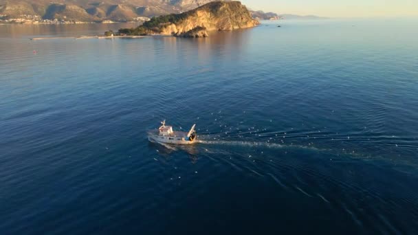 Aerial Video Slow Motion Shot Moving Big Fisherman Boat Followed — 图库视频影像