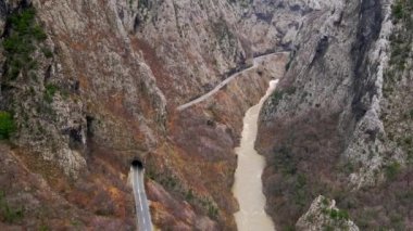 Aerial video. Slow Motion. The Moraca River Canyon in winter. Montenegro.