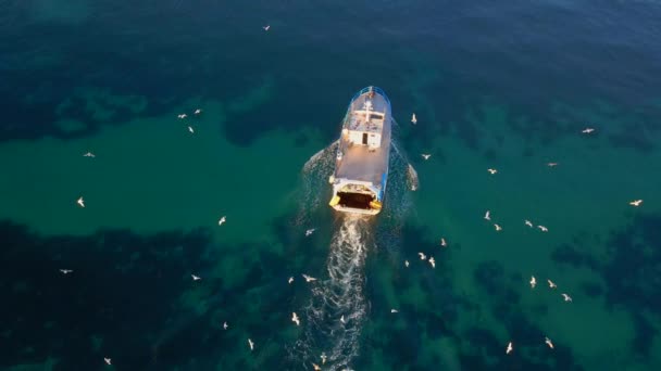 Aerial Video Slow Motion Shot Moving Big Fisherman Boat Followed — ストック動画