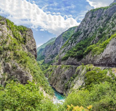 The purest waters of the turquoise color of the river Moraca flowing among the canyons. Travel around Montenegro concept.