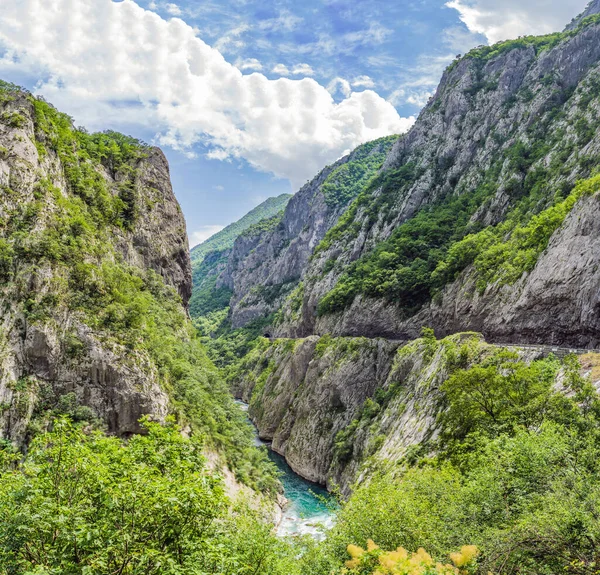 The purest waters of the turquoise color of the river Moraca flowing among the canyons. Travel around Montenegro concept.