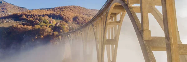 Montenegro Dzhurdzhevich Bridge River Tara Foggy Morning Banner Long Format — ストック写真