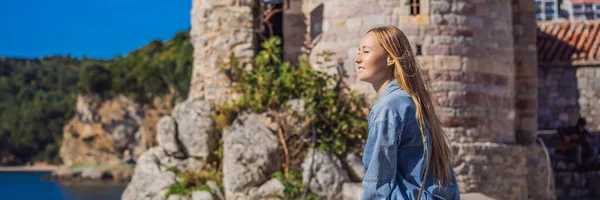 Young Woman Tourist Old Town Budva Travel Montenegro Concept Banner — Stockfoto