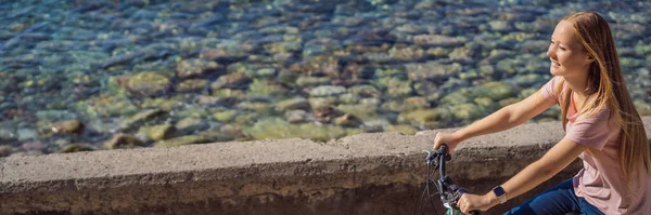 Woman Tourist Bicycle Explores Budva Montenegro Cycling Montenegro Concept Banner — Stock Photo, Image