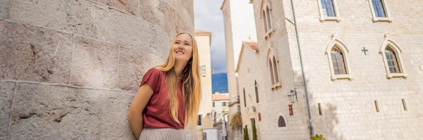 Young Woman Tourist Old Town Budva Travel Montenegro Concept Banner — стоковое фото