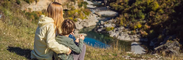 Banner Long Format Montenegro Mom Son Tourists Background Clean Clear — стоковое фото