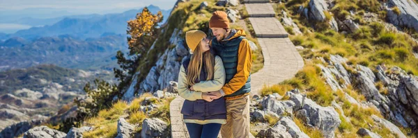 Banner Long Format Couple Man Woman Tourists Mountain Landscape National — Stok fotoğraf