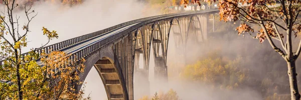 Montenegro Dzhurdzhevich Bridge River Tara Foggy Morning Banner Long Format — Stock Photo, Image