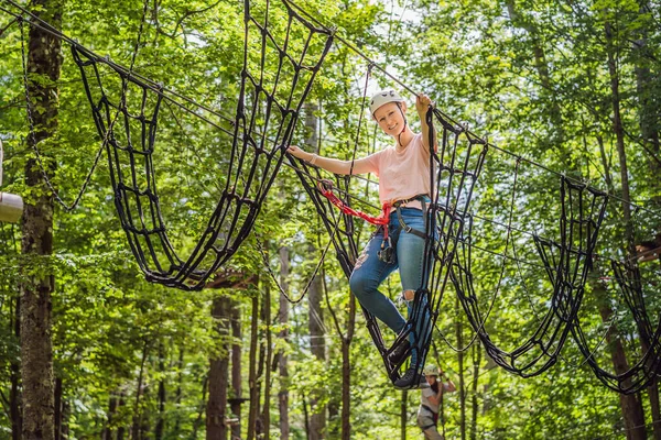 Happy Women Girl Female Gliding Climbing Extreme Road Trolley Zipline — Fotografia de Stock