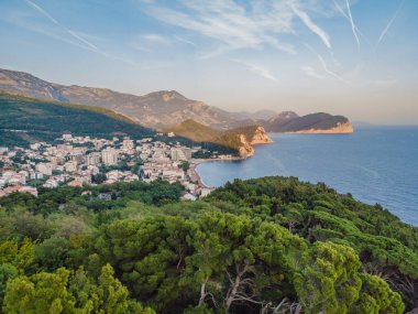 Aerial view of the small town Petrovac, Montenegro and Lucice beach.