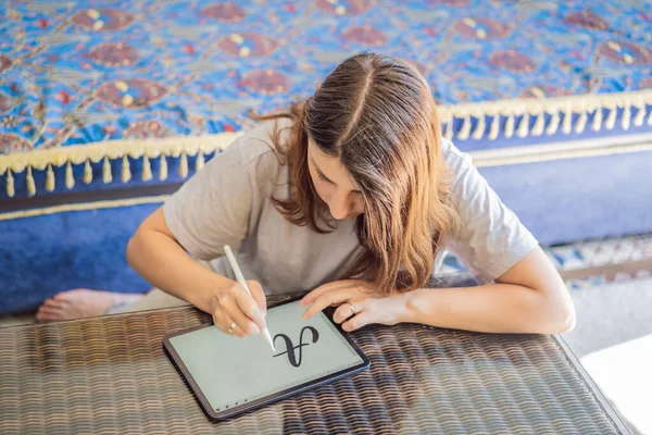 Calligrapher Young Woman Writes Phrase Digital Tablet Inscribing Ornamental Decorated — Stock Fotó